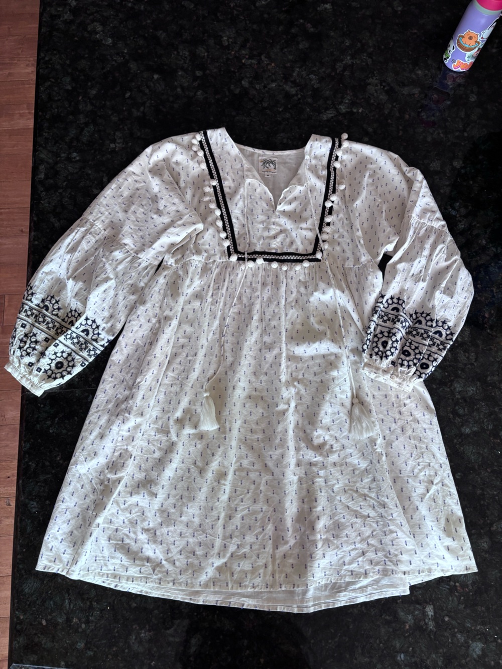 Embroidered White Long-Sleeve Peasant Dress with Navy Trim